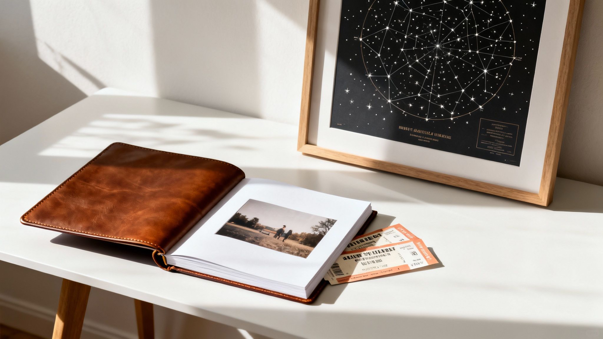 Open photo album with a couple's picture, concert tickets, and a framed constellation map.