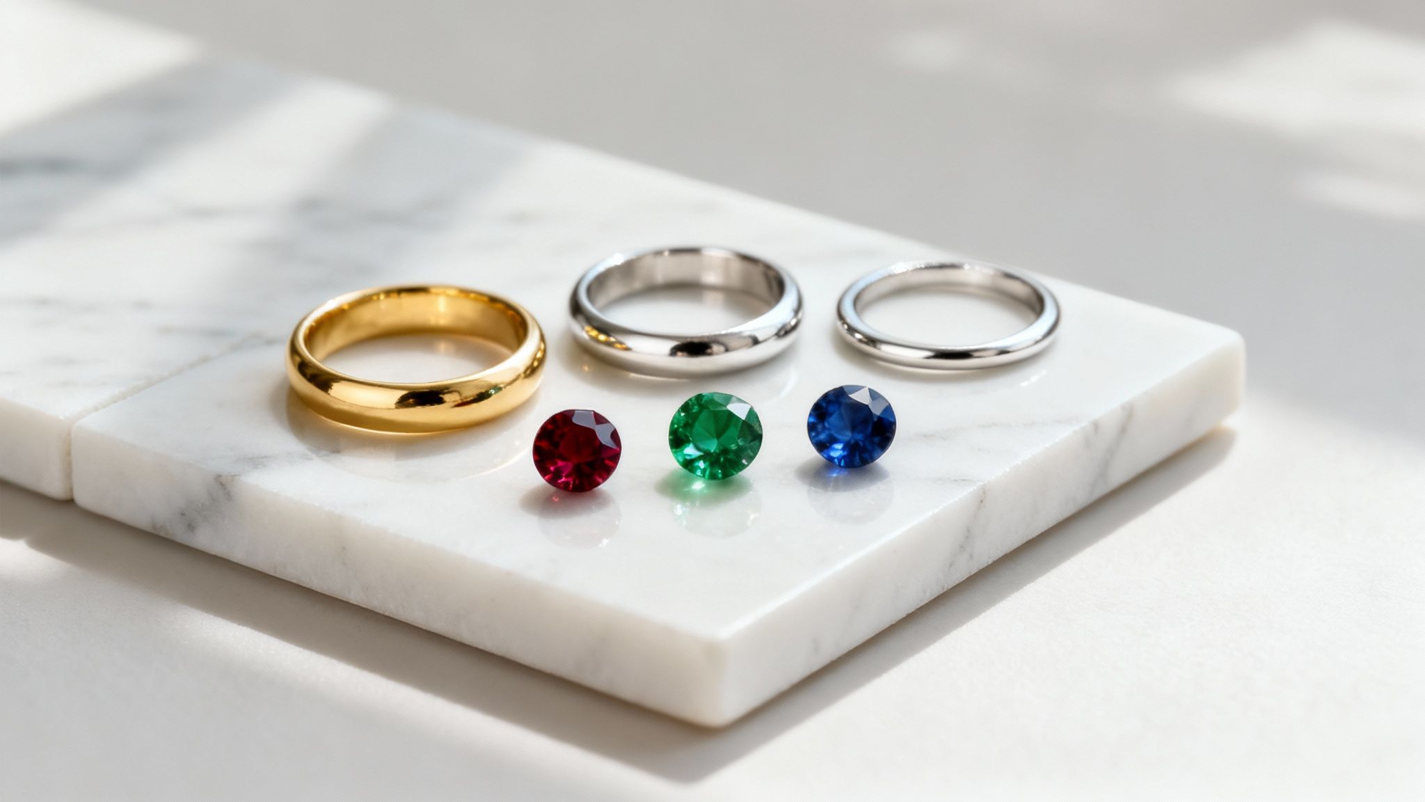 A close-up of different metals and gemstones for jewelry.