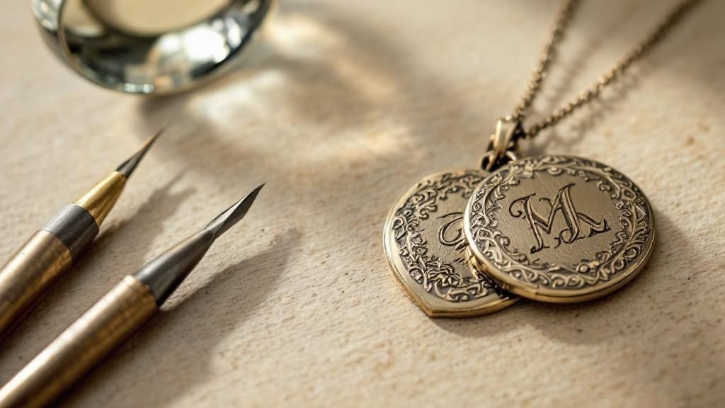 A woman wearing a layered necklace look, with an engraved locket as the centerpiece.