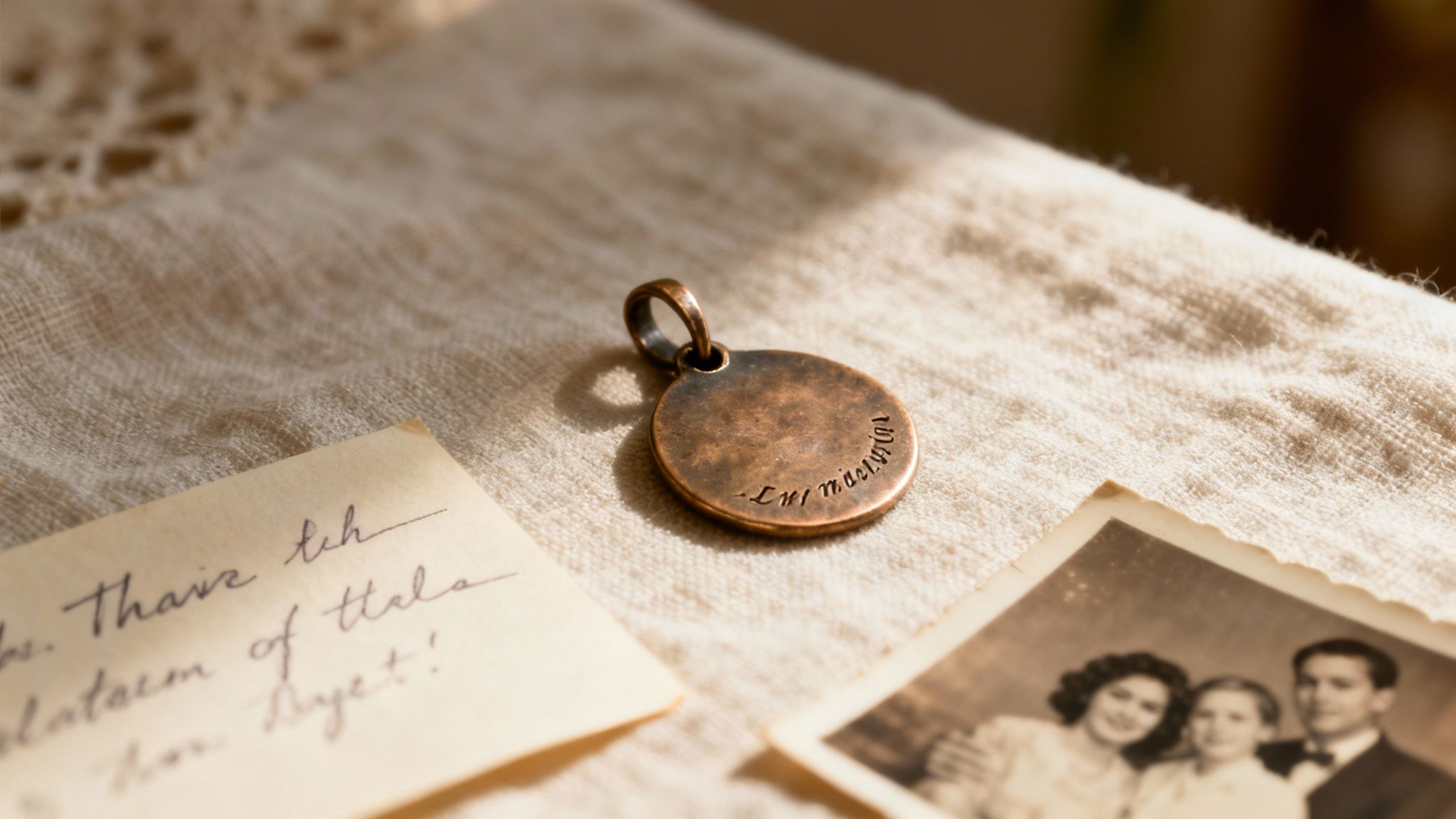 A closeup of a woman's hands holding a personalized necklace with names engraved on it, symbolizing family love.