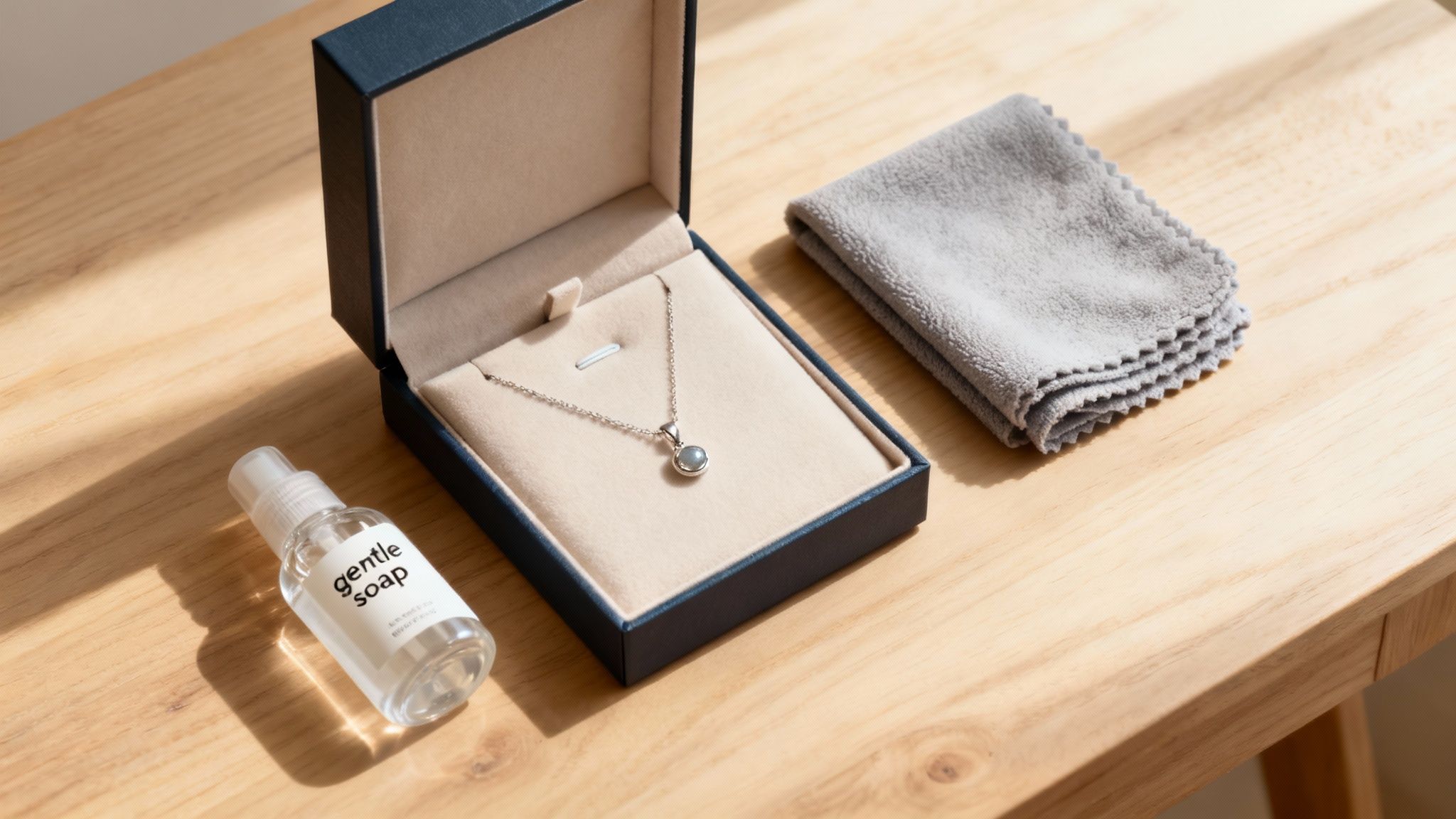 Silver necklace with pendant displayed in jewelry box with cleaning cloth and gentle soap