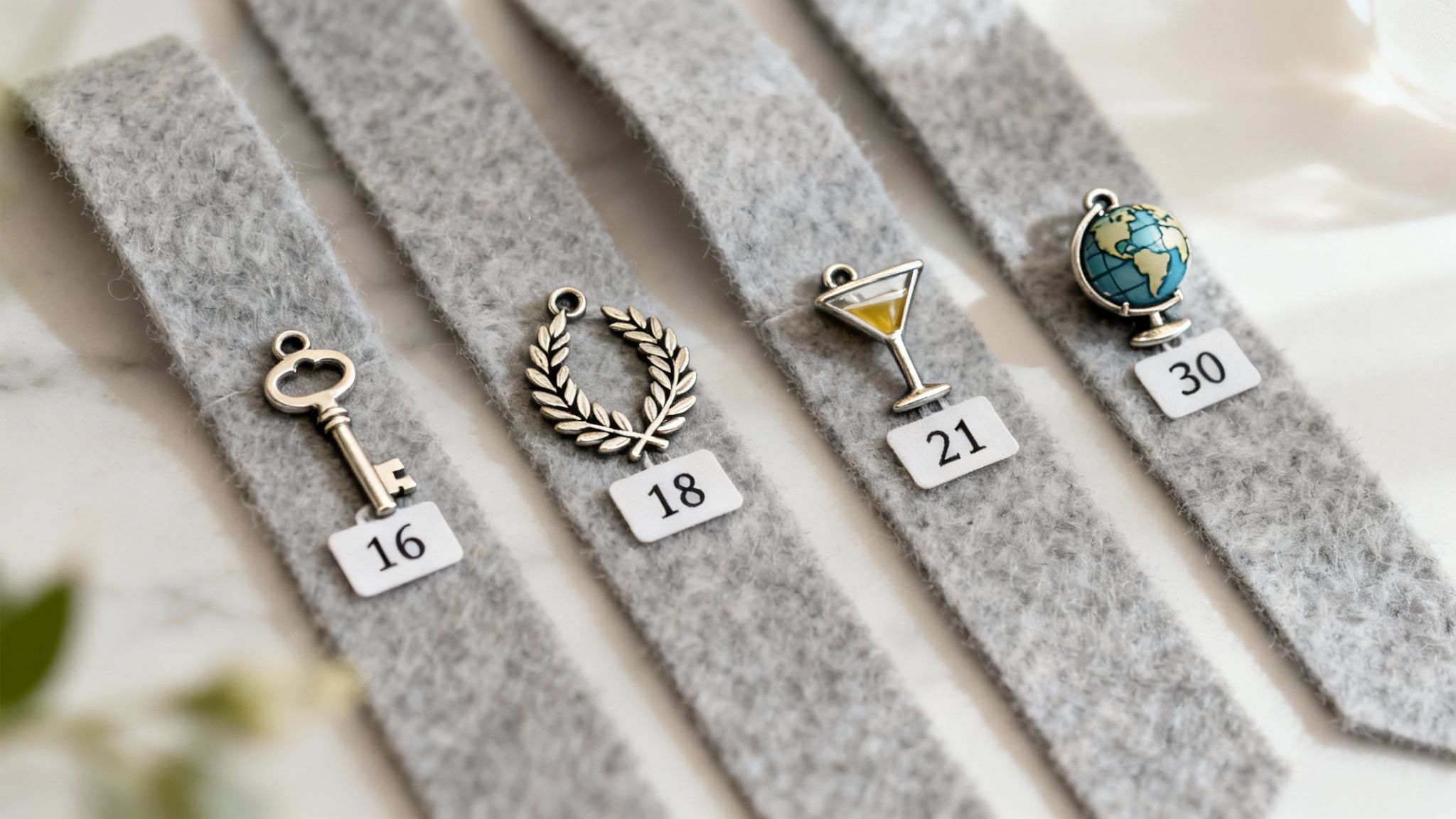 A birthday charm bracelet with a "50" charm and a cupcake charm.