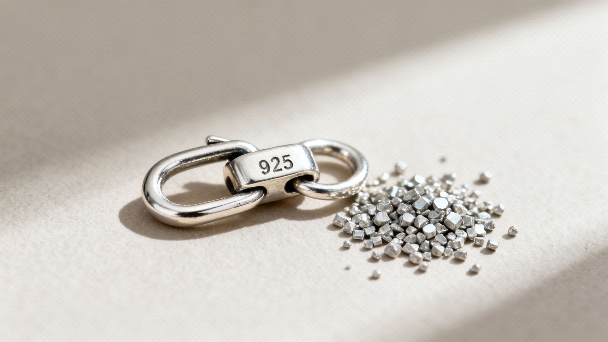 A close-up of a sterling silver personalized necklace showing the 925 stamp