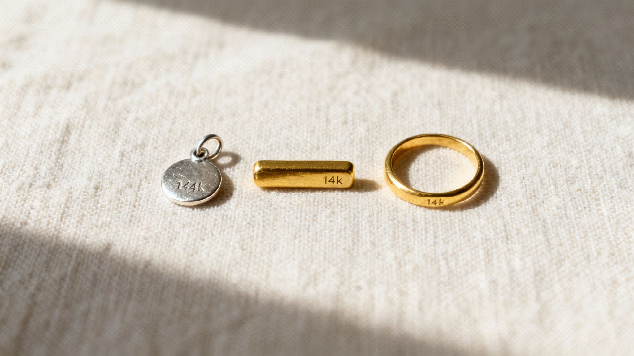 Three distinct 14K gold and silver jewelry pieces: a pendant, a bar, and a ring.