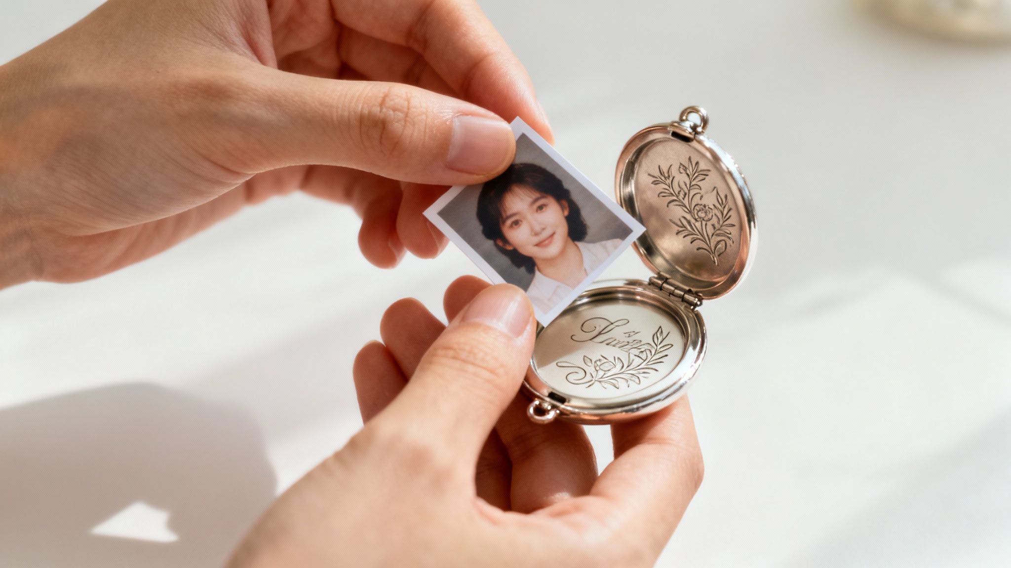 A close-up of a person's hands holding an open locket, with one side showing a photo and the other an engraved message.
