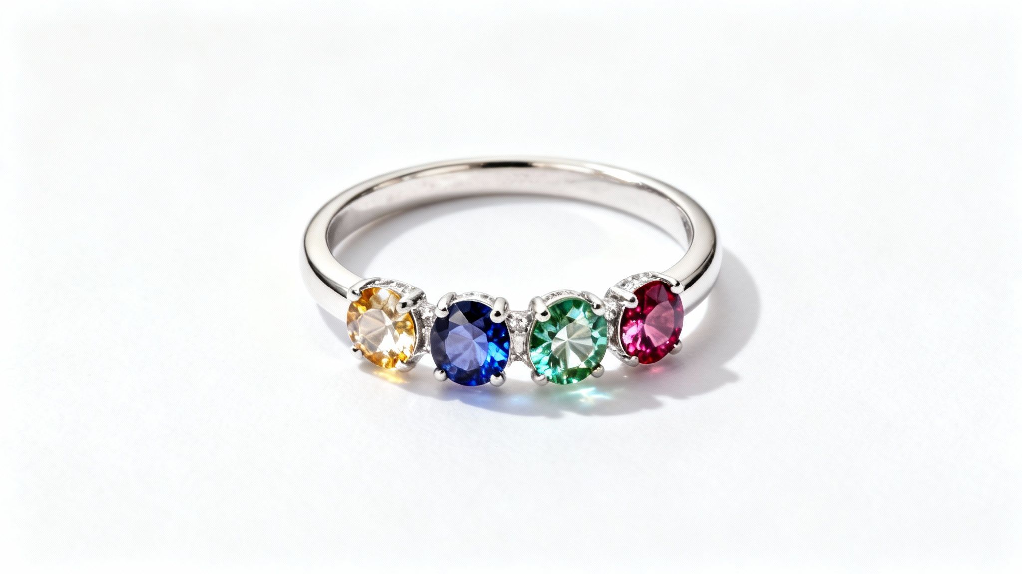 A beautiful silver ring adorned with four colorful oval-cut gemstones: yellow, blue, green, and pink.
