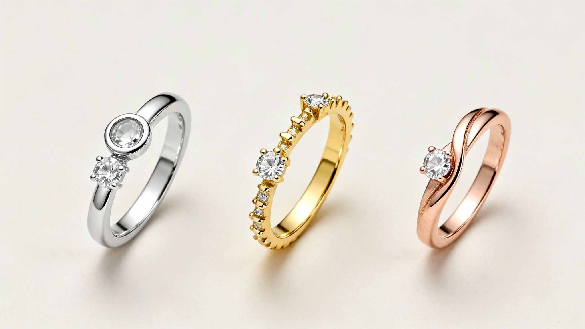 Three elegant diamond rings in silver, gold, and rose gold, each with unique designs.