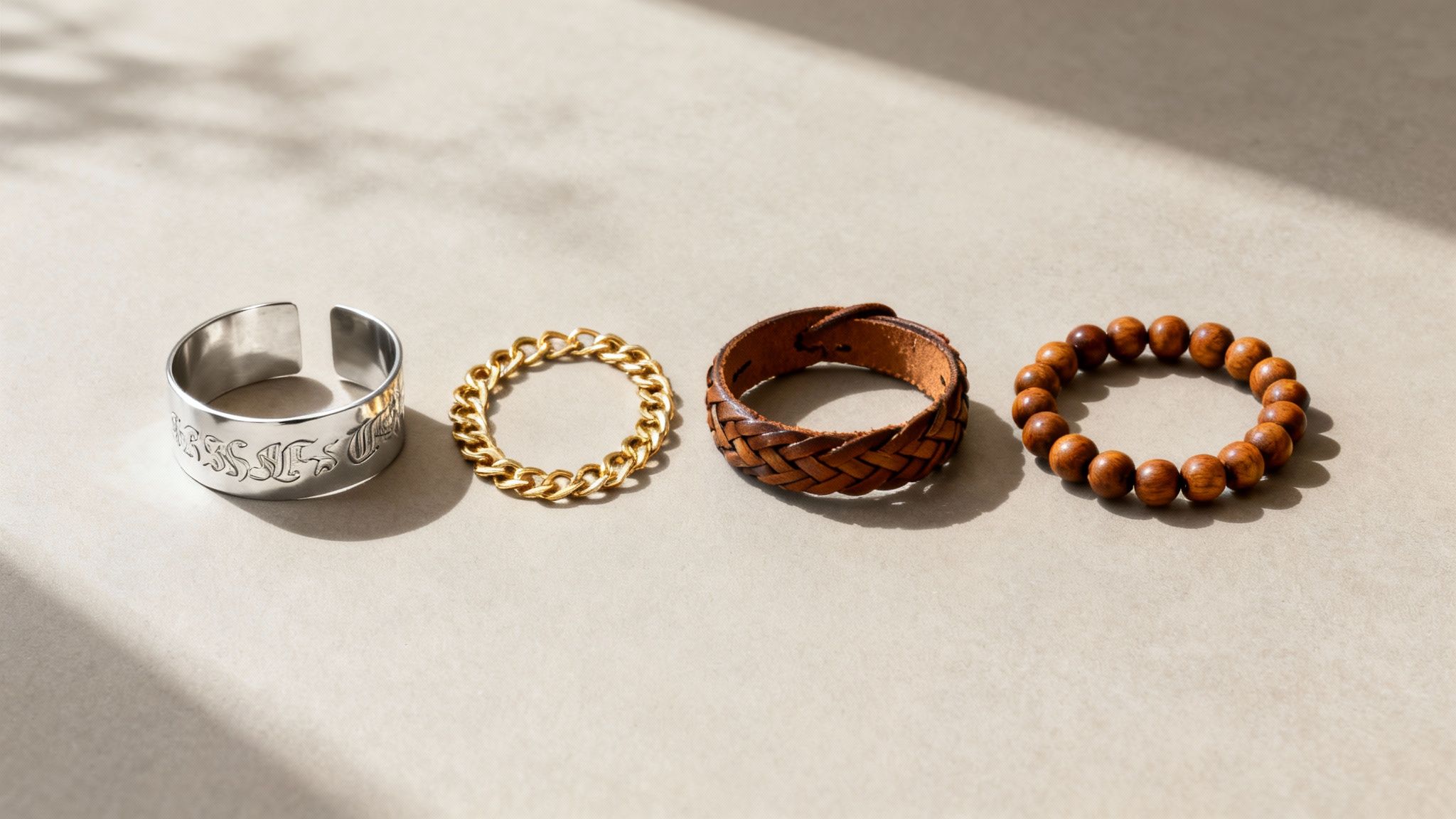 A person holding two different 10 Commandments bracelets, one silver and one gold