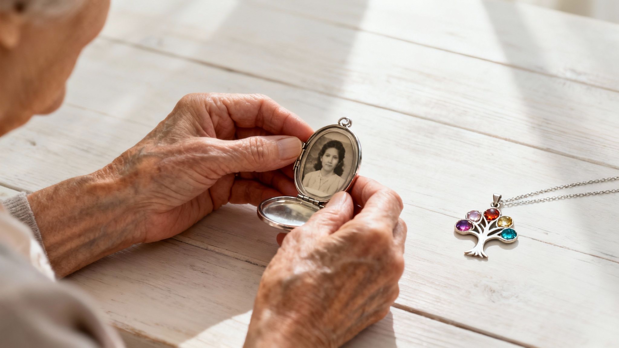 Woman looking at a personalized necklace with birthstones