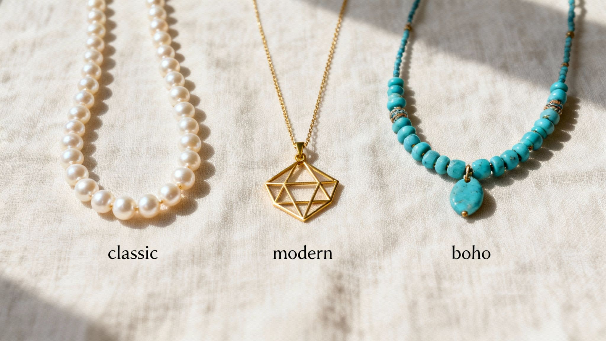 A woman wearing a stylish necklace and holding a gift box.