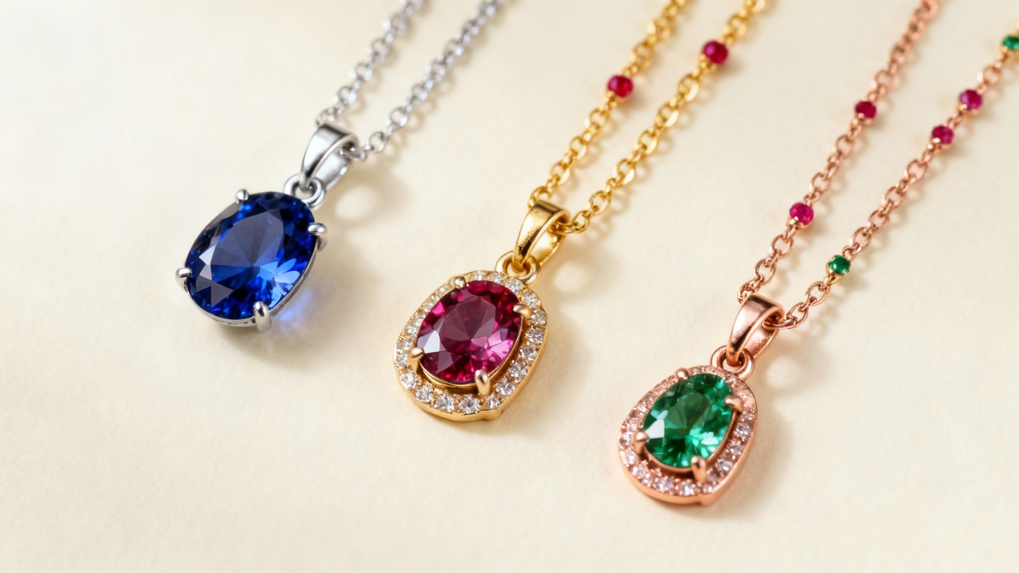 Three elegant gemstone pendant necklaces in blue sapphire, red tourmaline, and green emerald, on different metal chains.