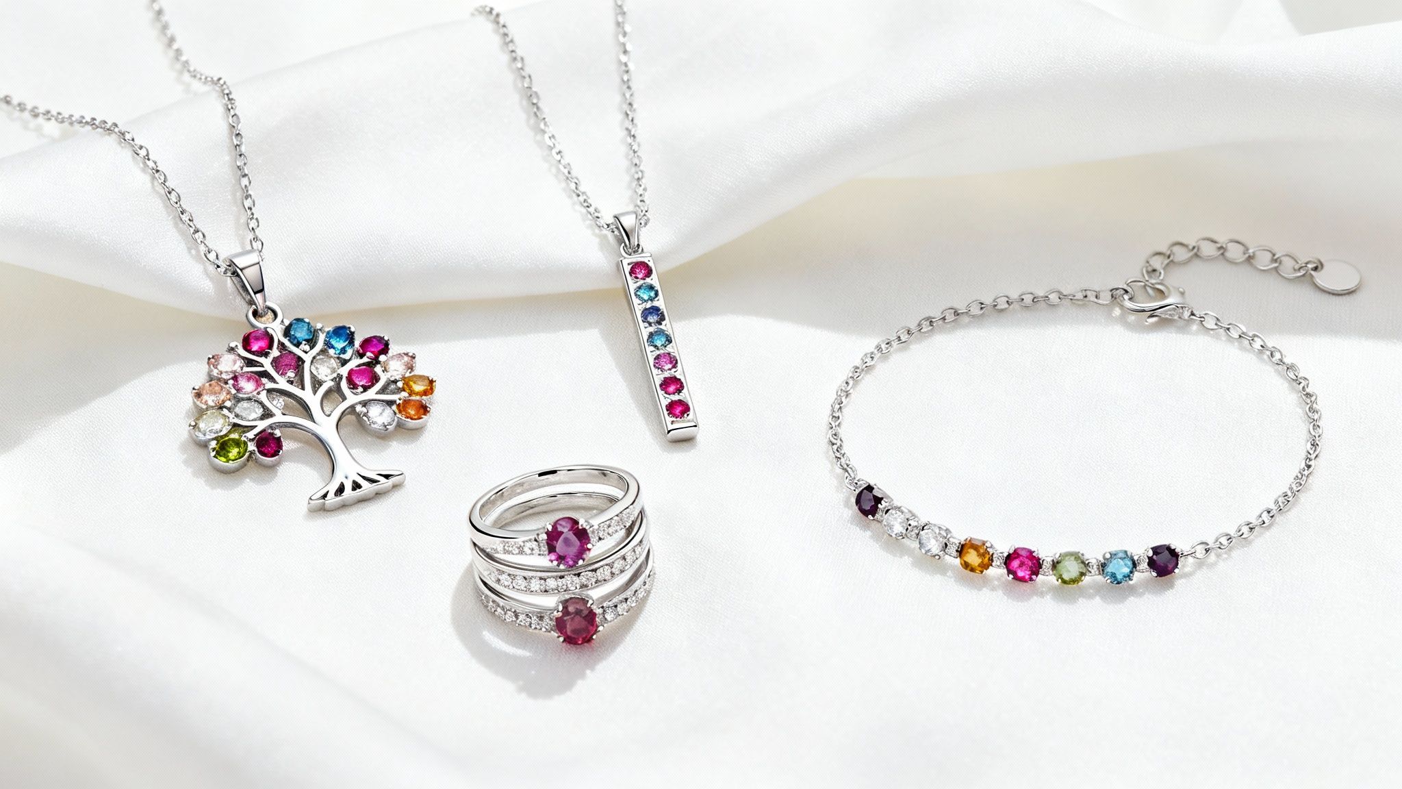 A family tree necklace with multiple birthstones, representing a thoughtful Mother's Day gift