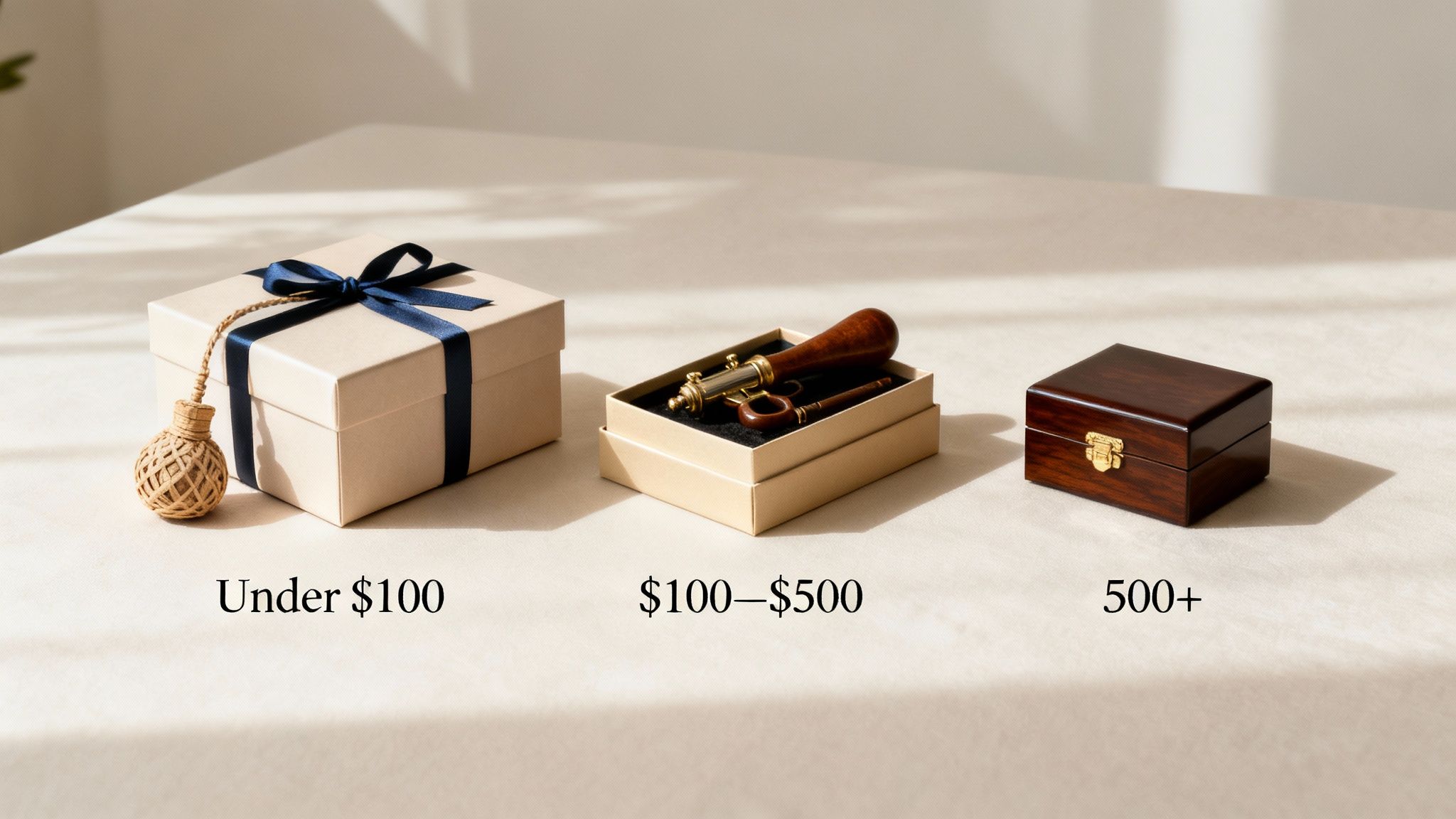 Three elegant gift boxes representing different price points: under $100, $100-$500, and $500+.