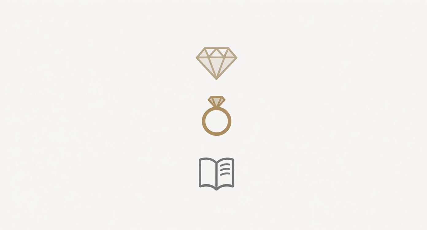Three minimalist icons: a diamond, a diamond ring, and an open book on a light background.