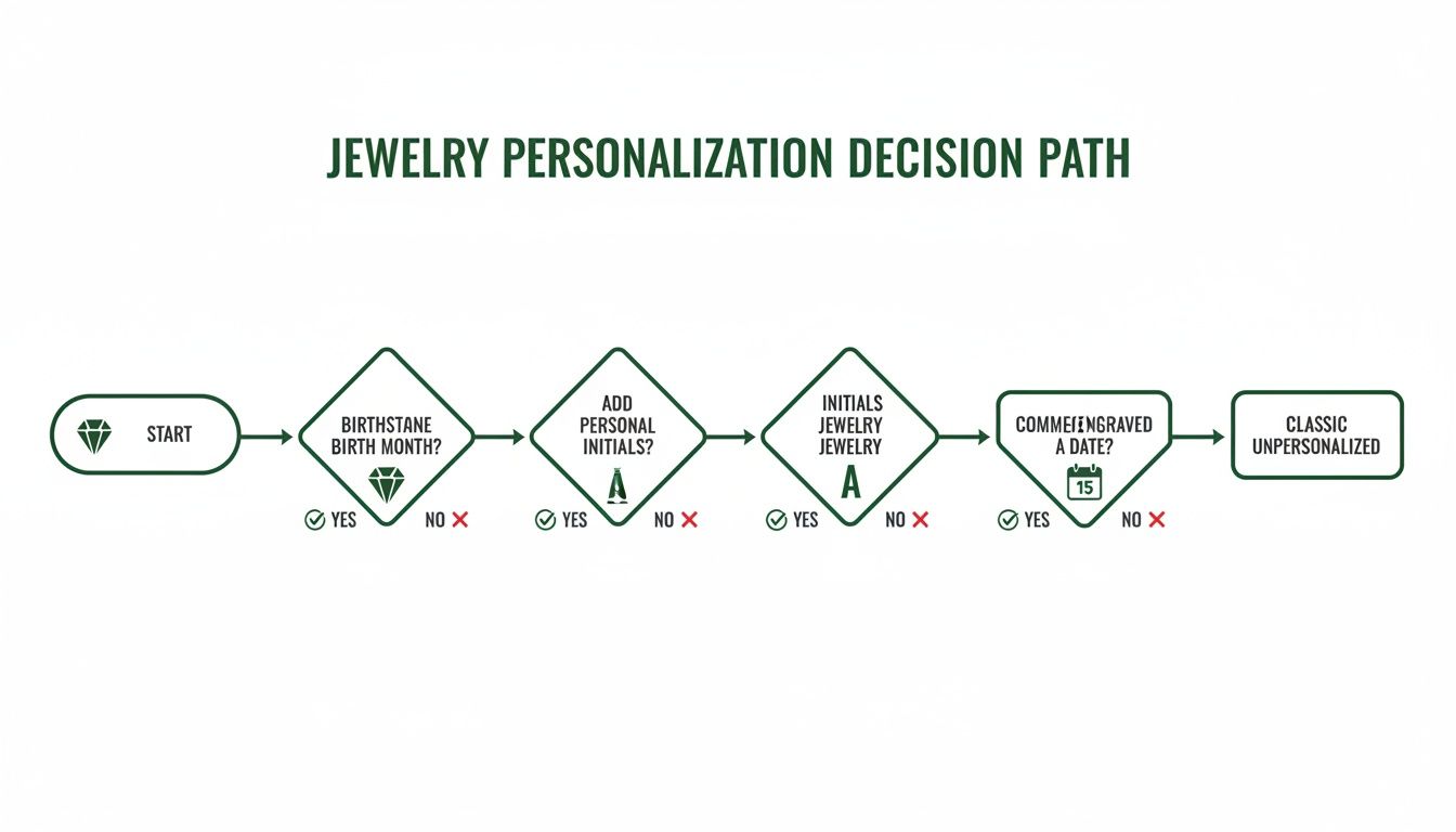 Flowchart illustrating a jewelry personalization decision path with options for birthstone, initials, and engraved dates.