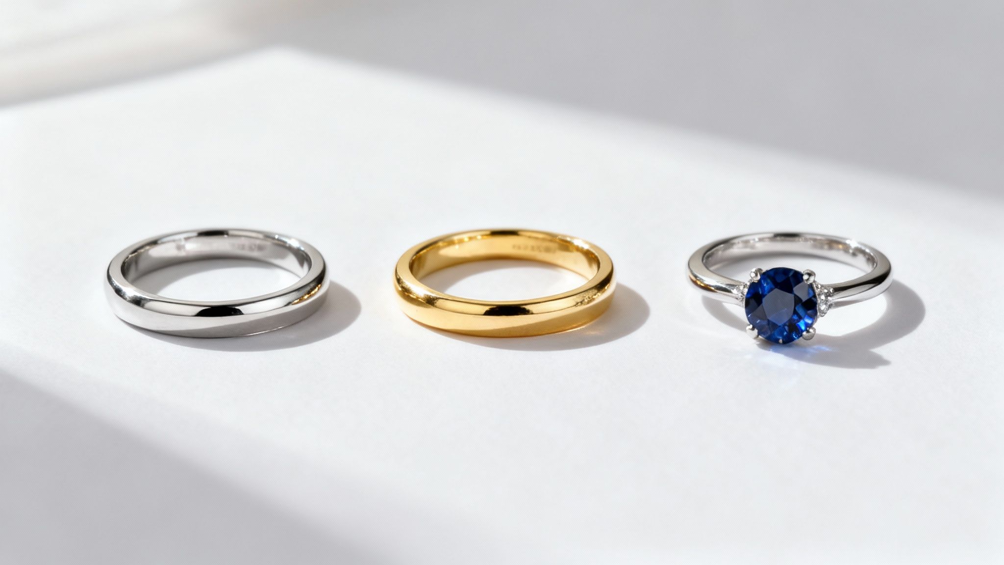 A close-up of different metal rings, showcasing platinum, yellow gold, and rose gold finishes, next to loose diamonds and sapphires.