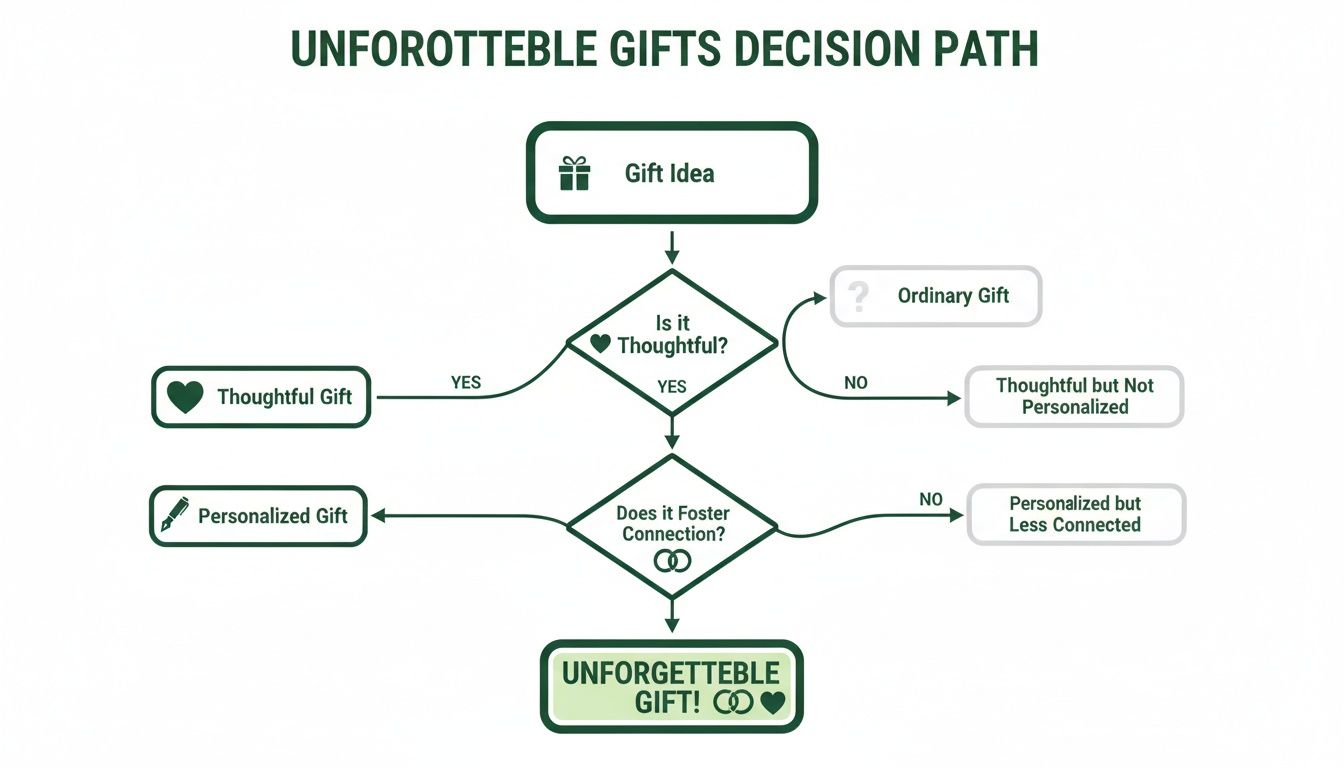 A flowchart detailing the decision path to determine if a gift is unforgettable, based on thoughtfulness and connection.