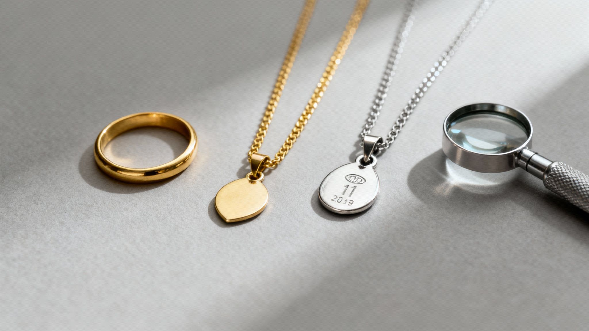 A detailed shot of various jewelry materials, including sterling silver and gold-filled chains, showcasing quality and texture.
