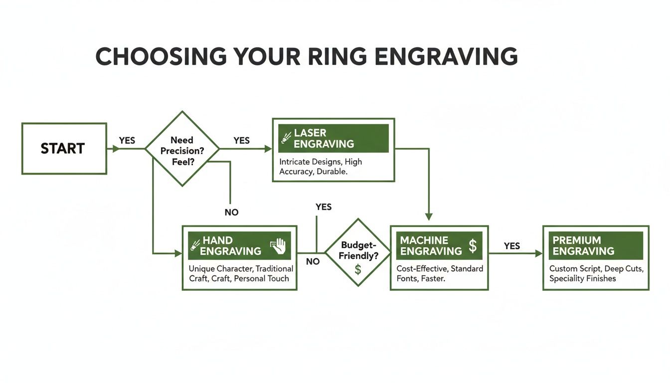 Flowchart illustrating the decision process for choosing a ring engraving method based on precision and budget.