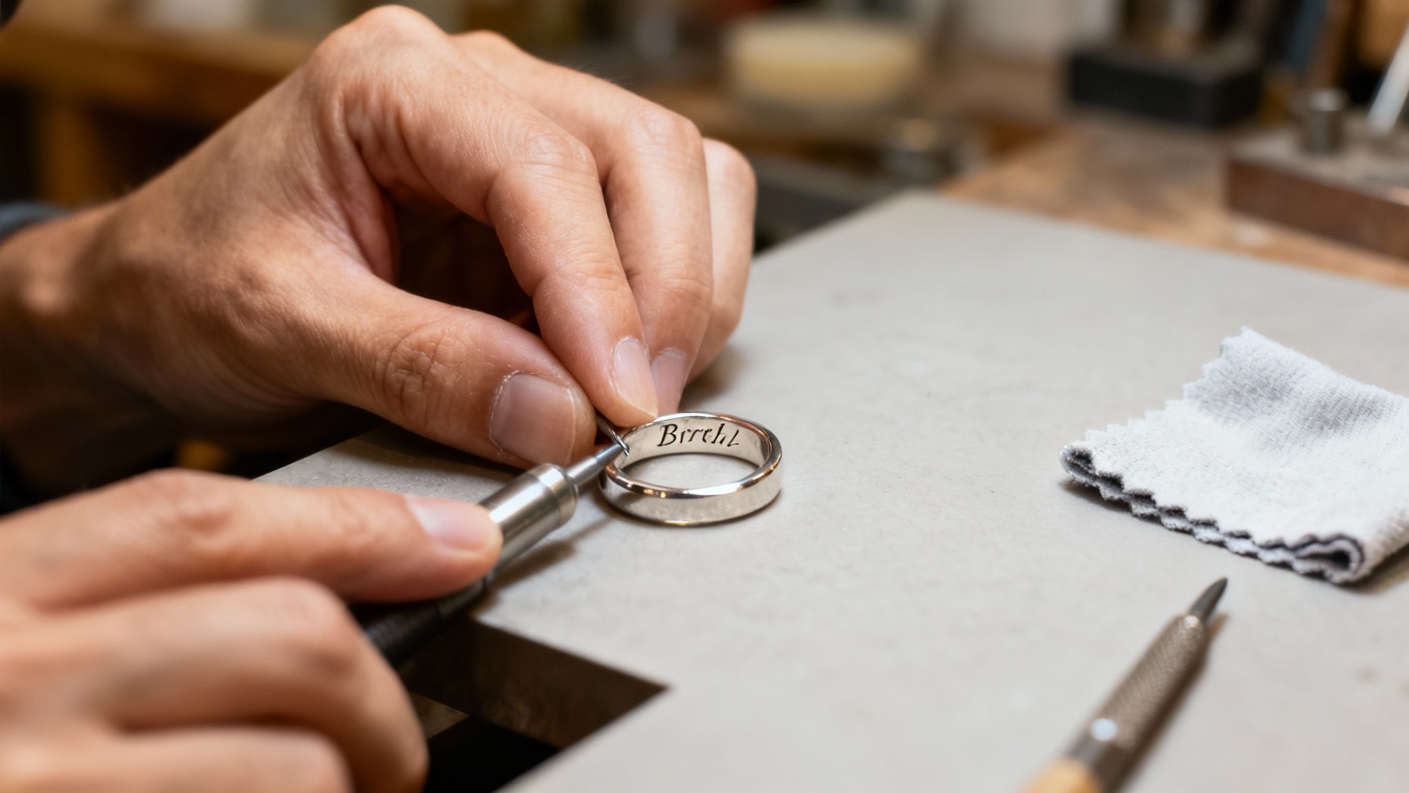 Close-up of a jeweler's hands skillfully engraving the word 'Birch' inside a silver ring.