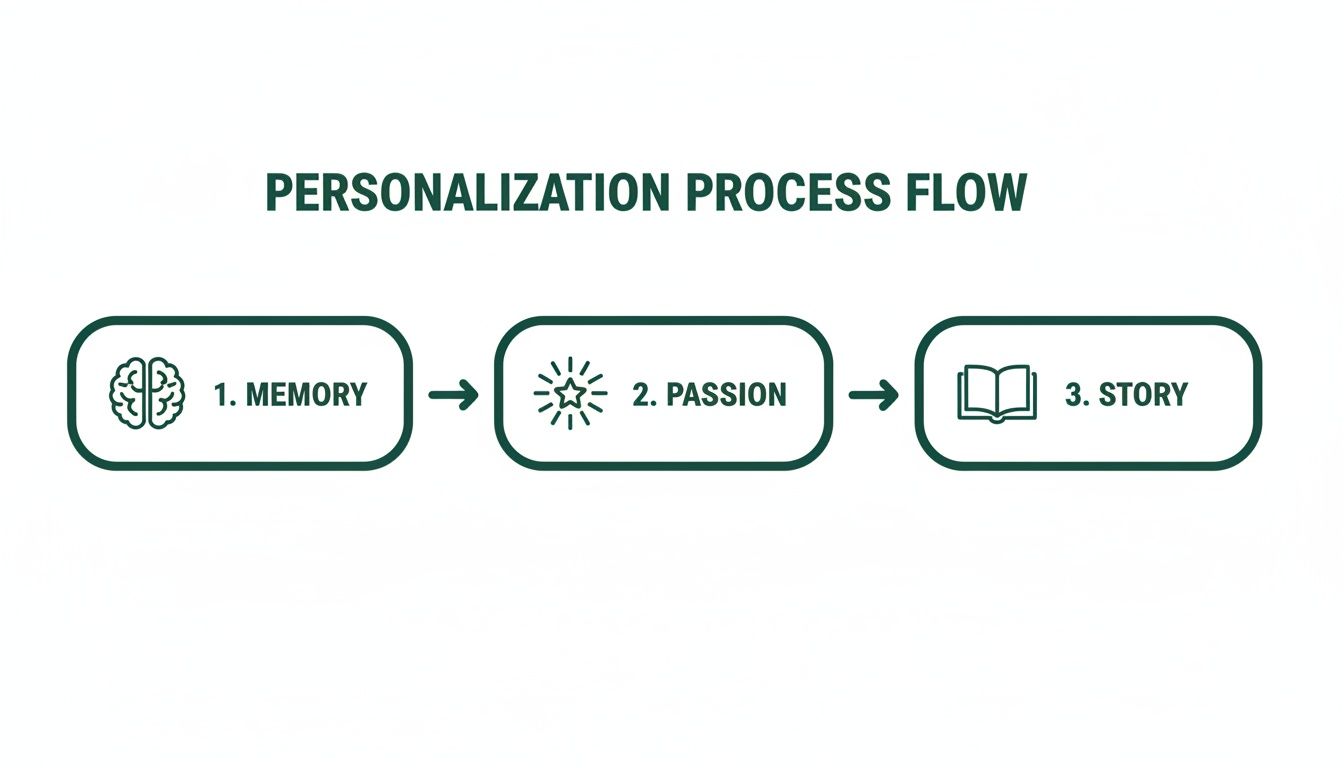 A three-step personalization process flow diagram showing Memory, Passion, and Story.