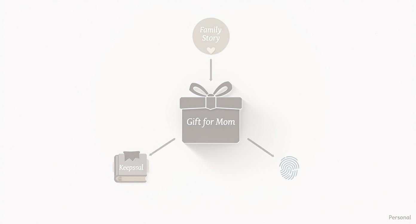 Diagram showing 'Gift for Mom' at the center, influenced by 'Family Story', 'Keepssal' book, and a fingerprint icon.