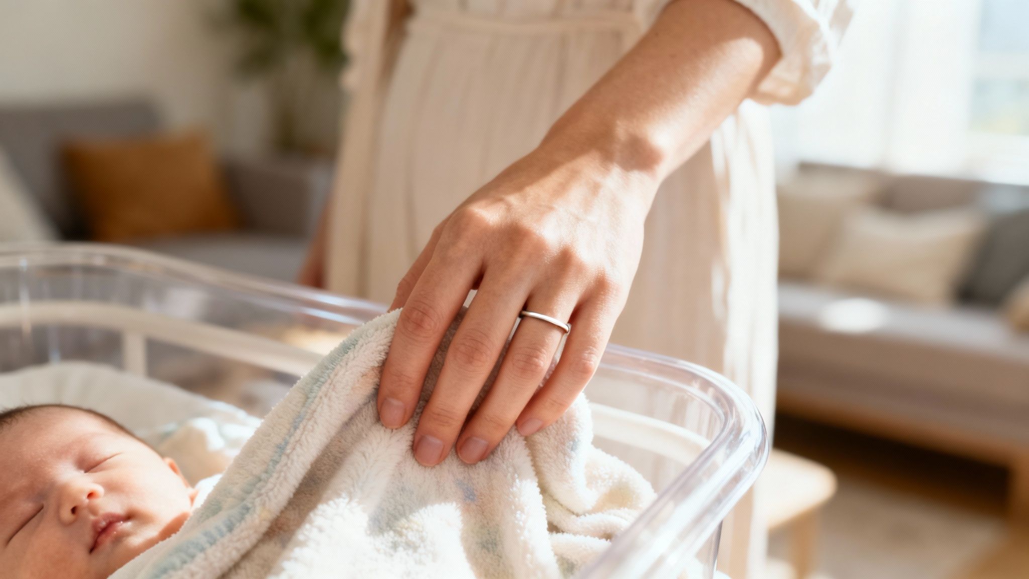 A new mother's hand with several stackable rings, gently holding her baby's foot.