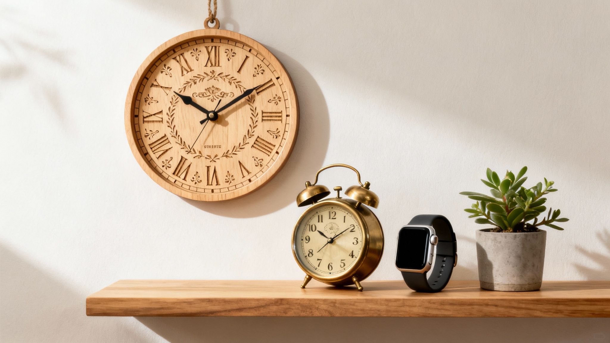 A wooden shelf with a brass alarm clock, smartwatch, and plant, beneath a hanging wooden wall clock.