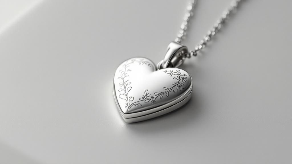 A close-up of a person holding an elegant, engraved silver locket necklace.