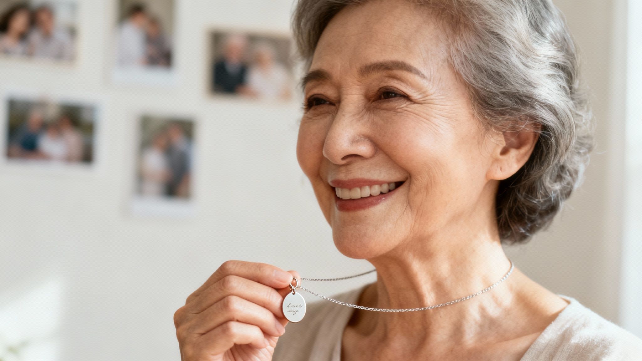 Grandmother smiling while wearing a personalized necklace.