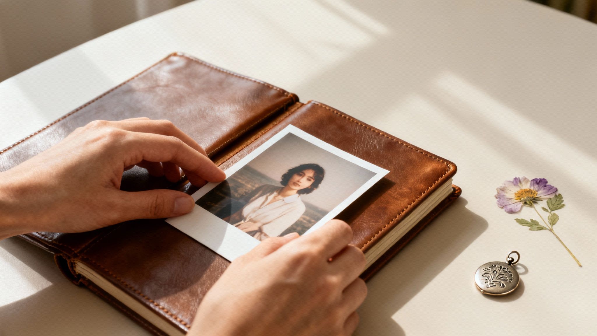 Hands gently place a polaroid photo of a woman into a vintage leather journal on a sunlit table.