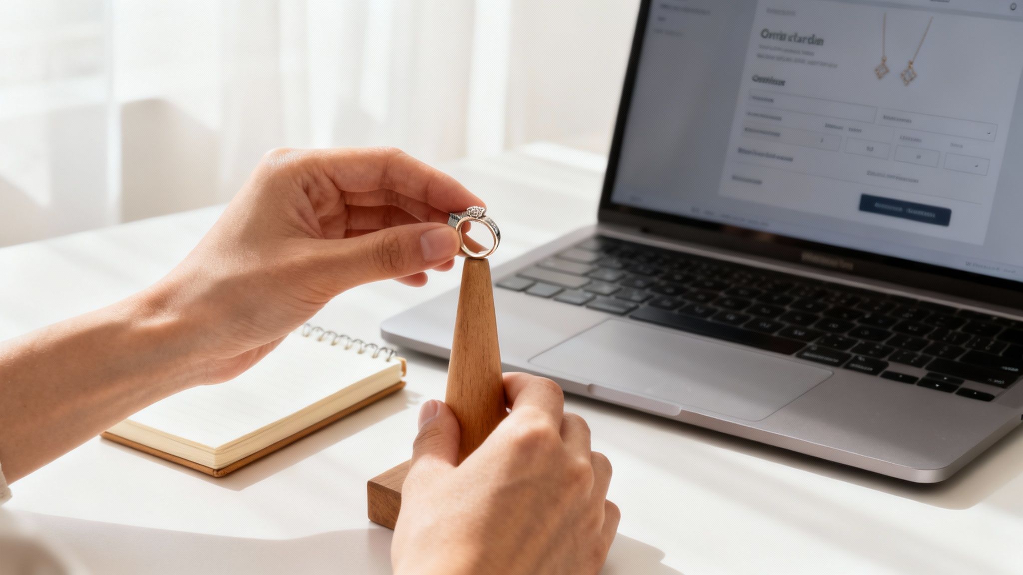A person carefully placing a personalized necklace into a gift box.
