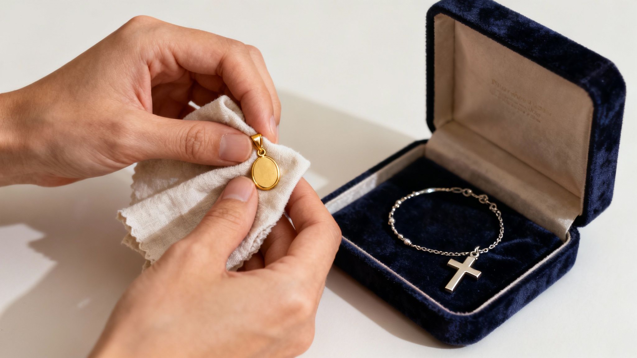Hands gently cleaning a shiny gold oval pendant with a soft cloth, next to a velvet jewelry box containing a silver cross bracelet.