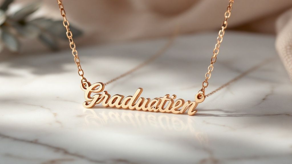 A personalized graduation necklace held in a gift box