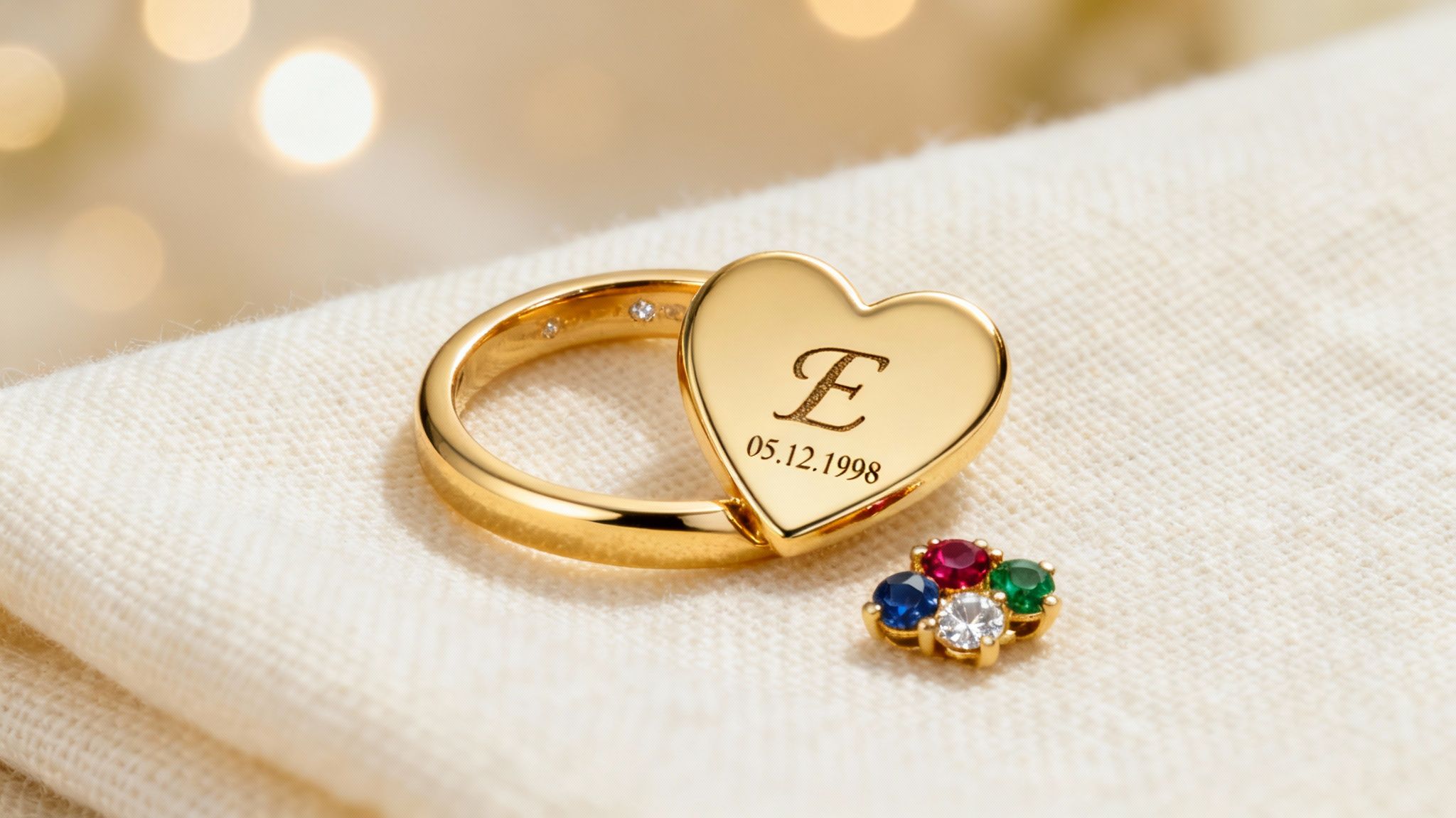 A detailed close-up of a personalized heart birthstone ring showing an engraving.
