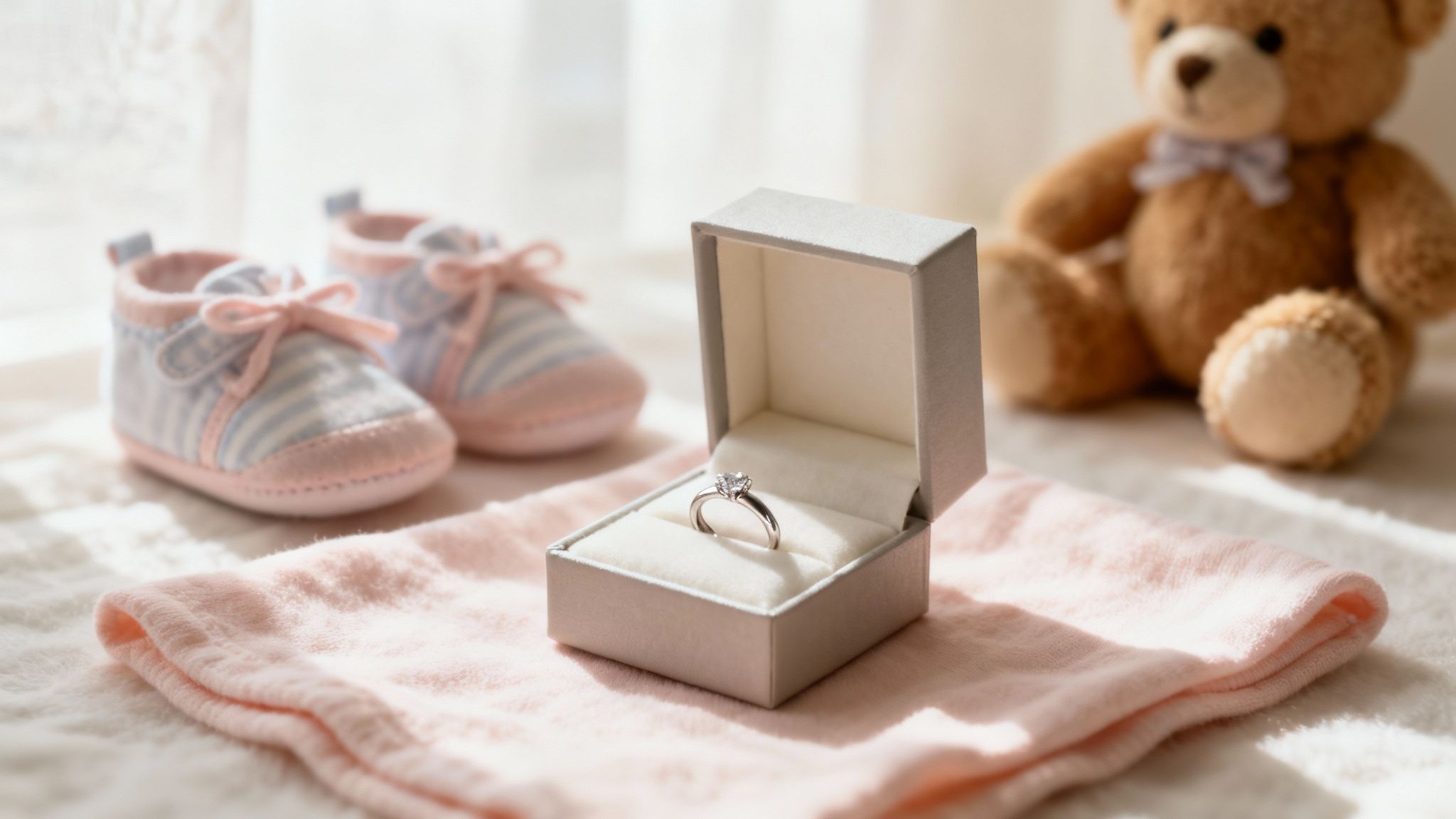 a close-up of a new mom's hand holding her baby's tiny hand, with a delicate ring on her finger