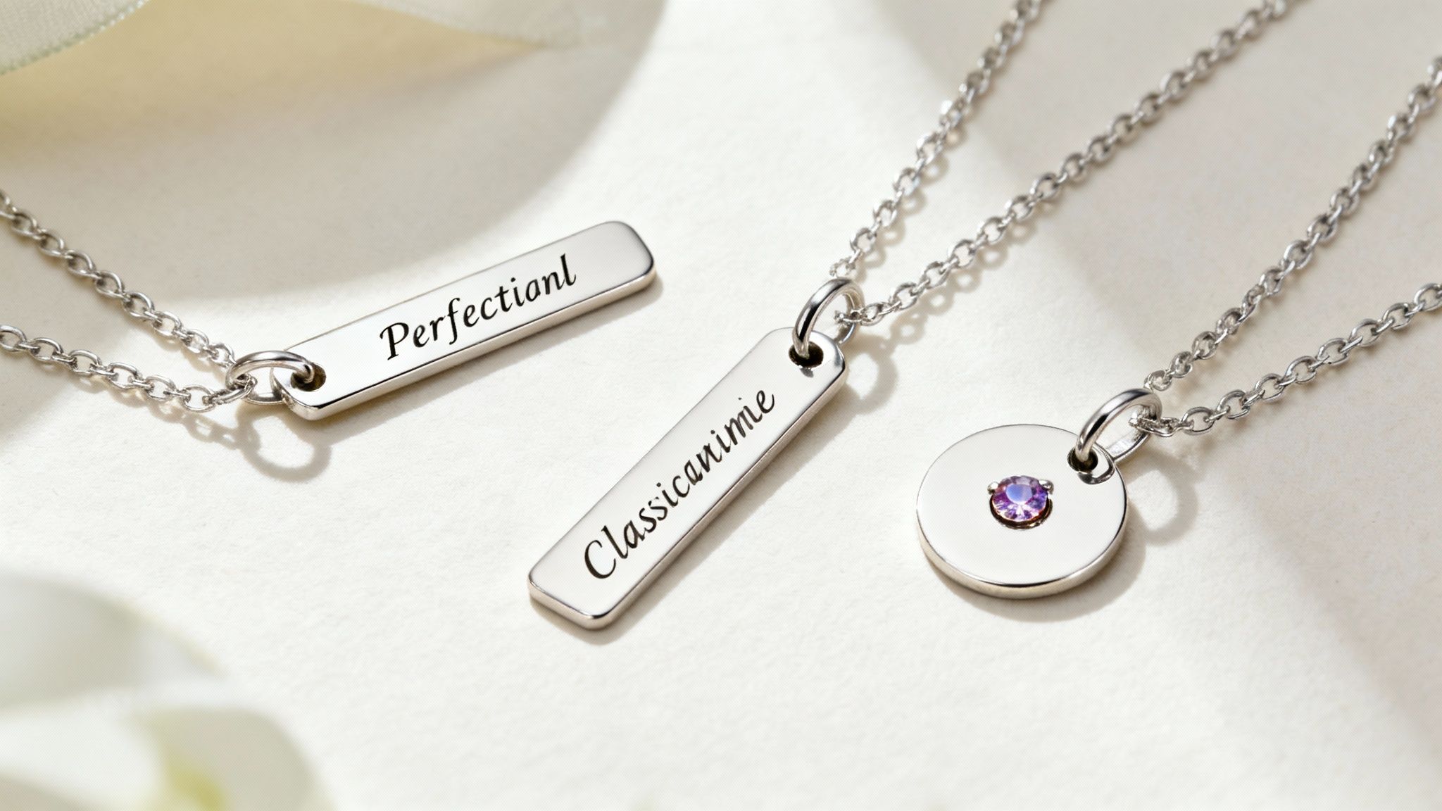 A sterling silver necklace with a personalized engraving and a small birthstone charm
