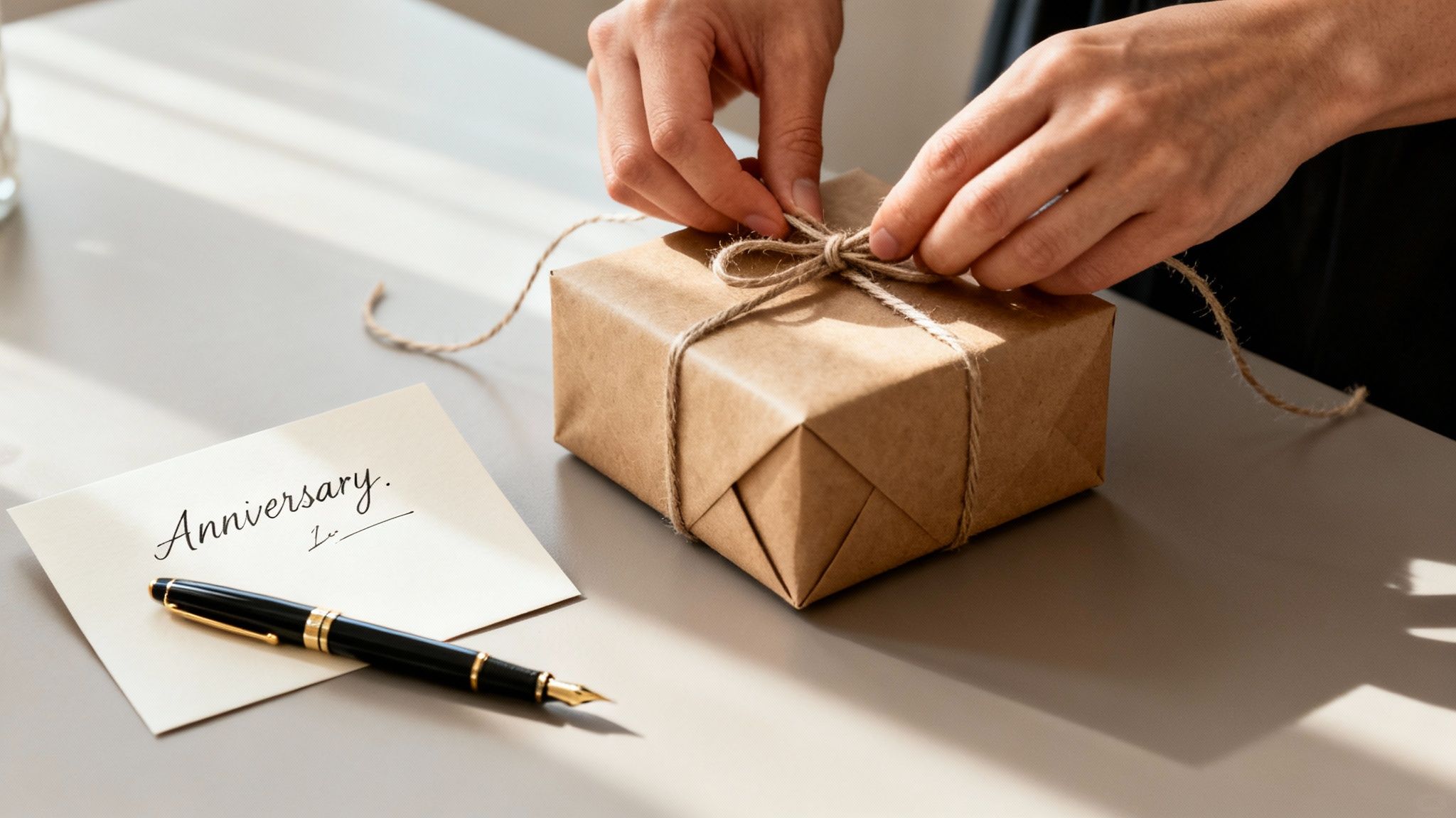 Hands tying a string around a brown gift box next to an "Anniversary" card and pen on a table.