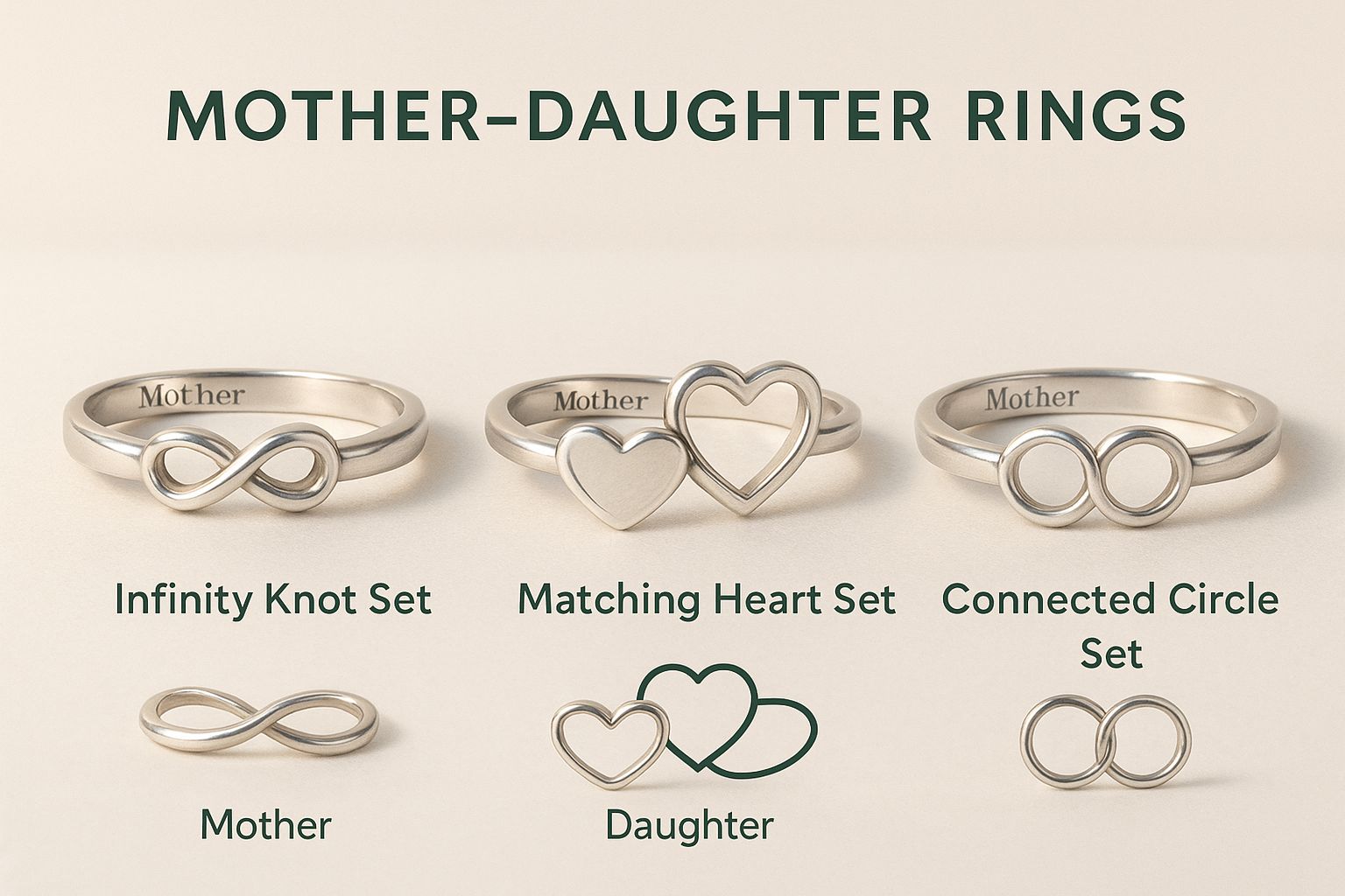 Infographic showcasing infinity knot, matching heart, and connected circle mother-daughter ring sets side by side.