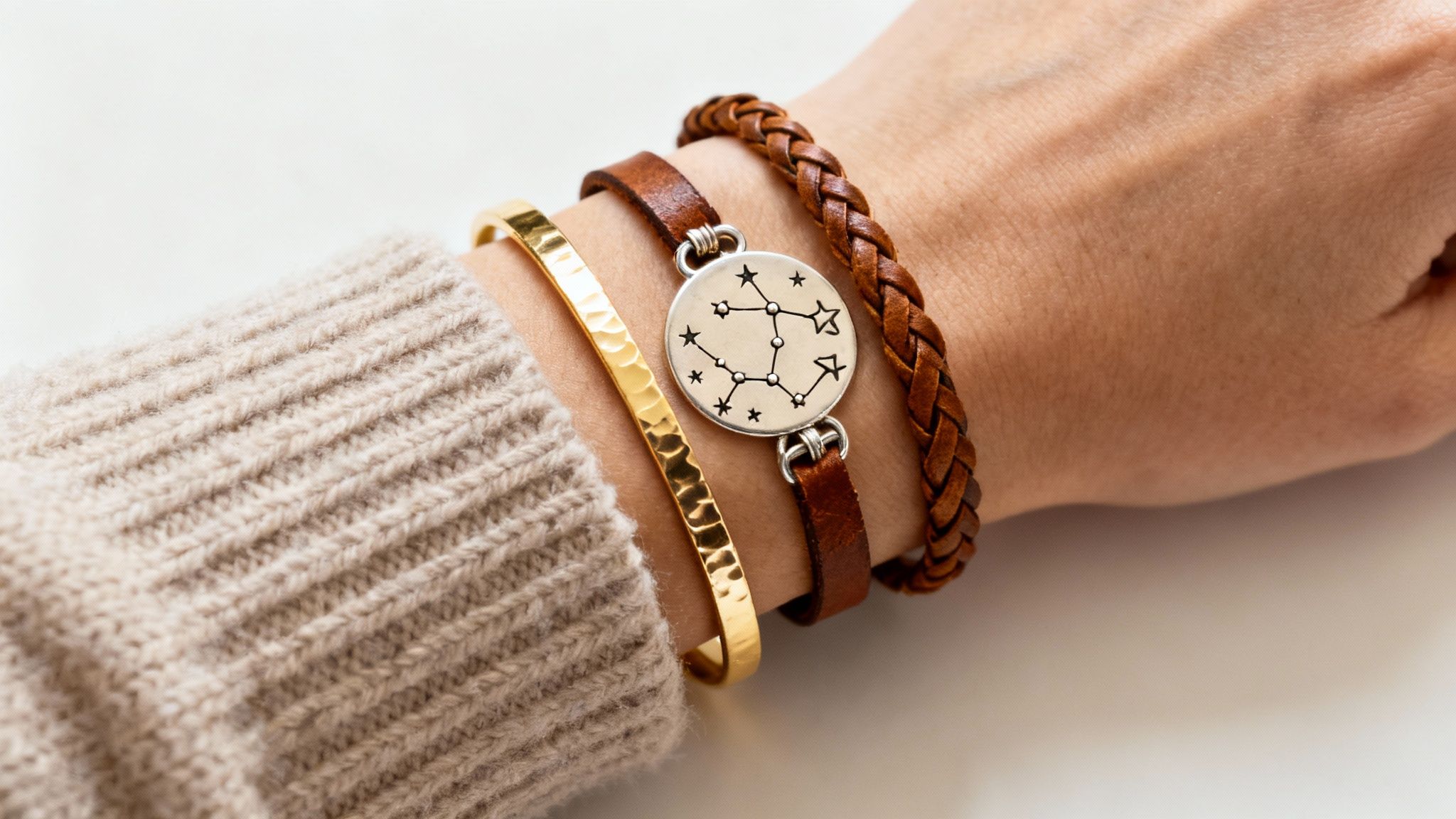 A woman wearing a delicate zodiac sign bracelet on her wrist.