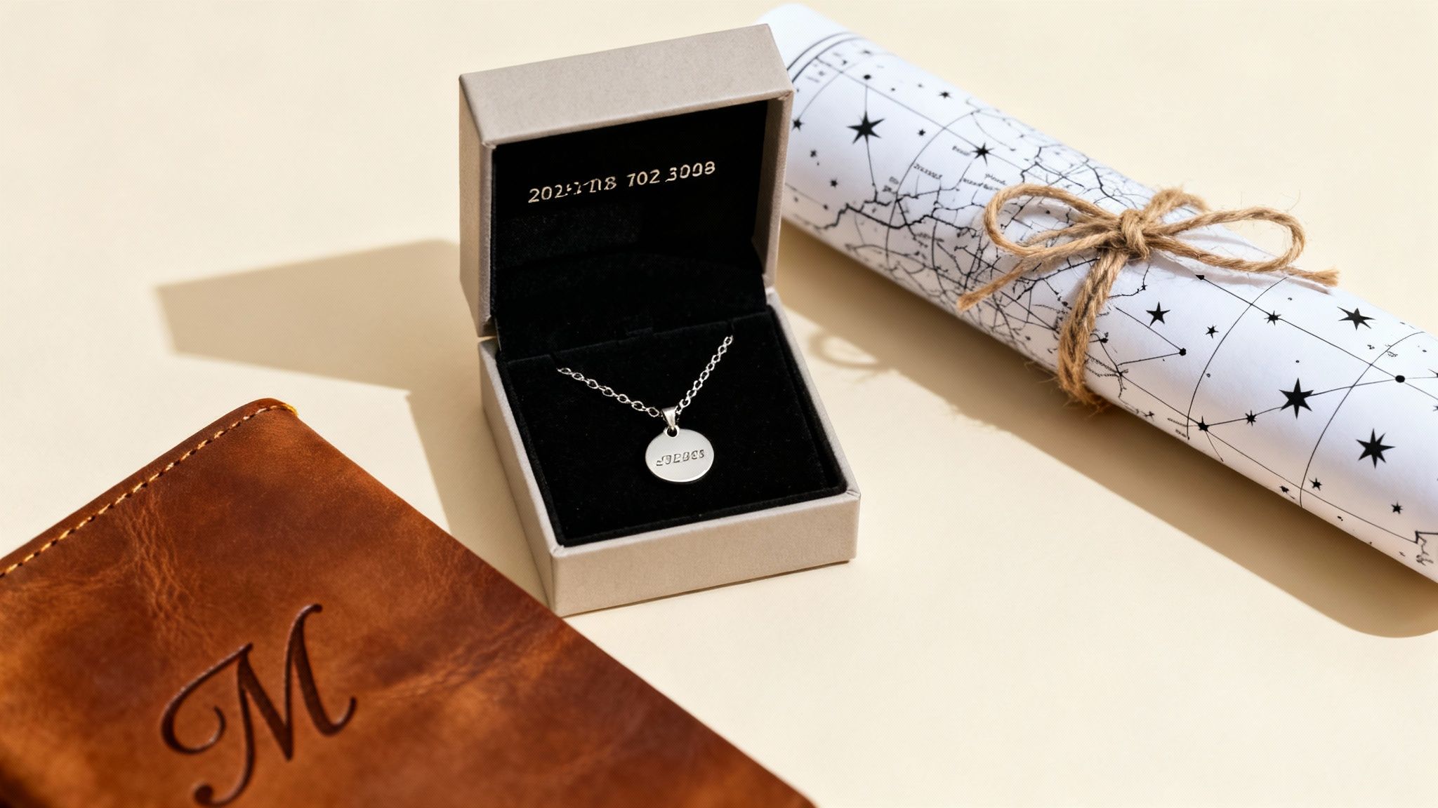 A silver necklace with a round pendant in a gift box, a rolled star map, and a leather journal.
