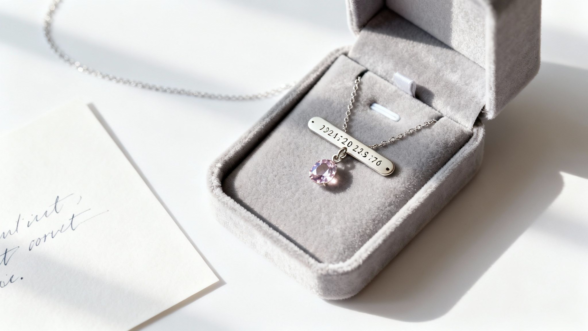 A silver necklace with a pink gem and engraved bar pendant rests inside a grey velvet gift box, next to a handwritten card.