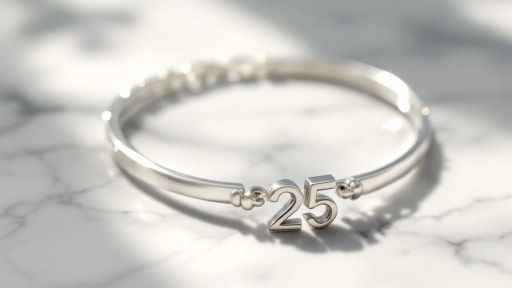 A close-up of a sterling silver necklace with interlocking rings, symbolizing a 25-year union.