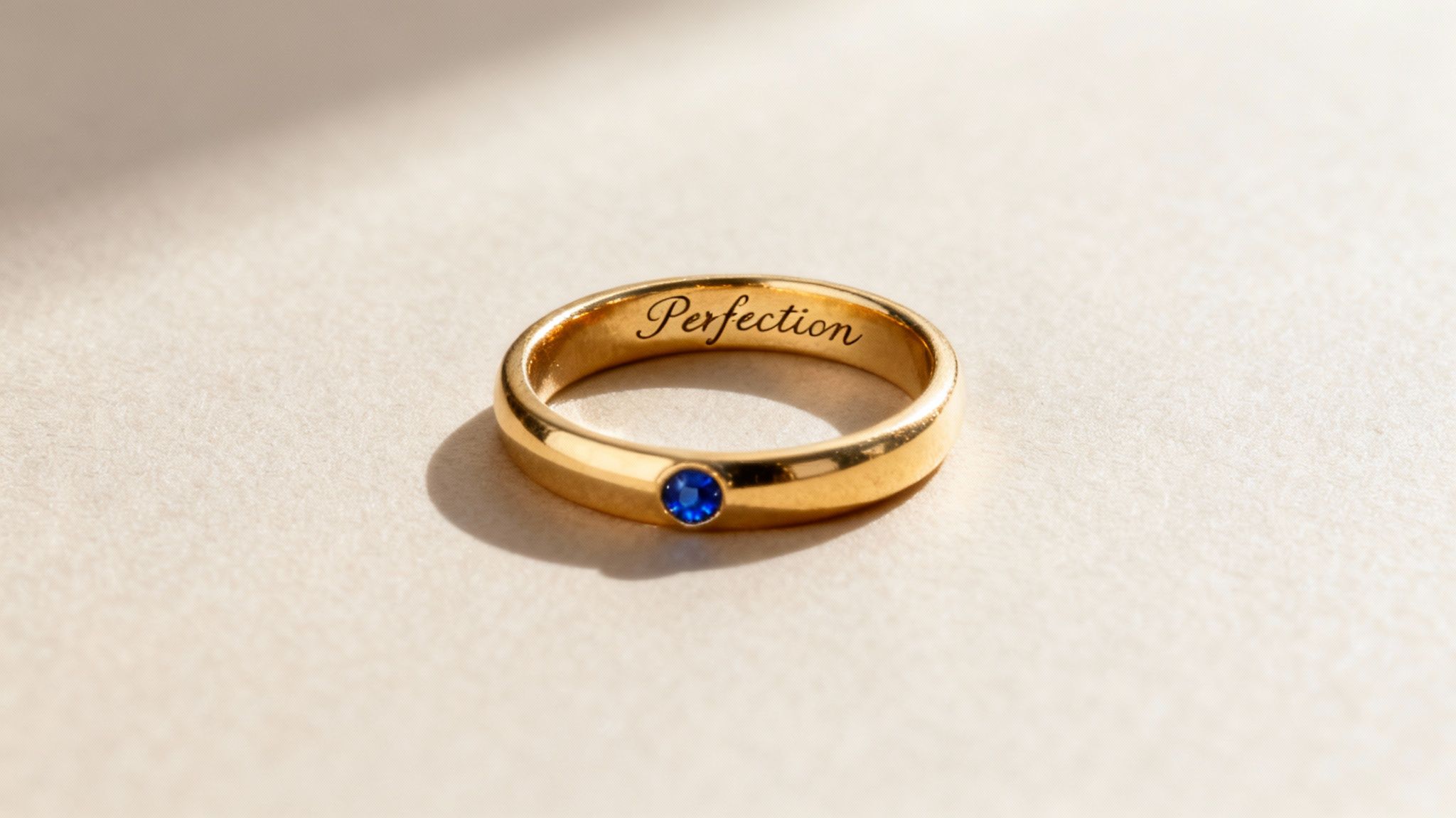 A gleaming gold band featuring a blue sapphire gemstone and the word "Perfection" engraved inside.