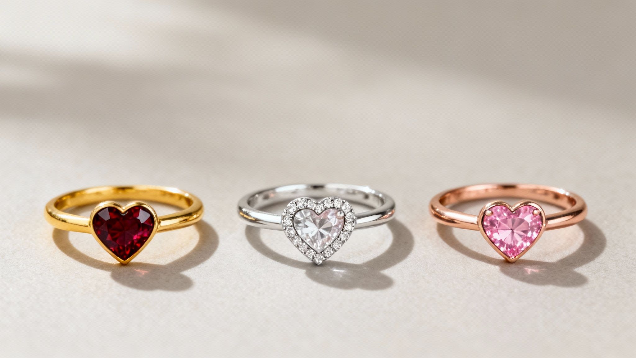 A collection of heart birthstone rings in various styles and metals.