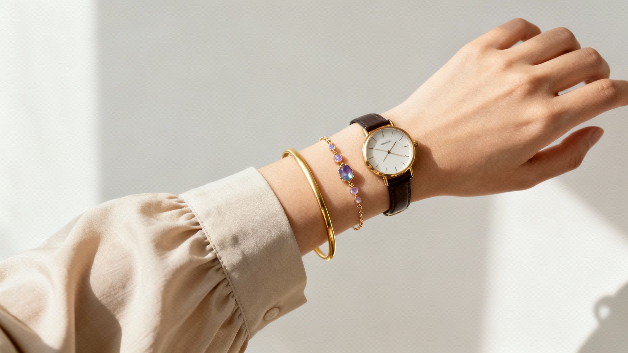 A person's arm wearing a gold watch, a simple gold bangle, and a colorful gemstone bracelet.