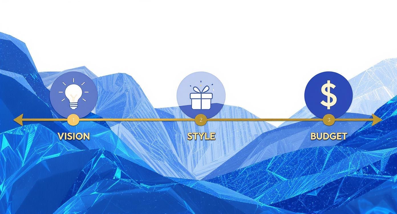 Three-step planning process showing vision, style, and budget stages with lightbulb, gift, and dollar icons