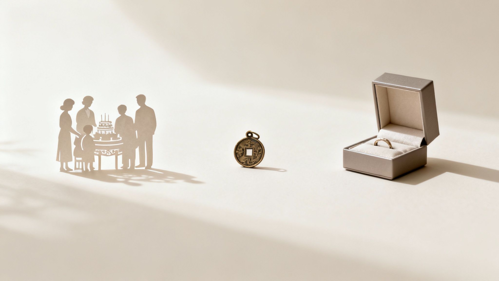 Paper cutouts of a family celebrating a birthday, an old coin charm, and a ring in an open box.