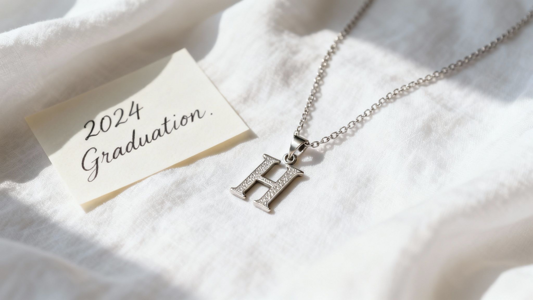 A silver 'H' initial necklace and a '2024 Graduation' note resting on white folded fabric.