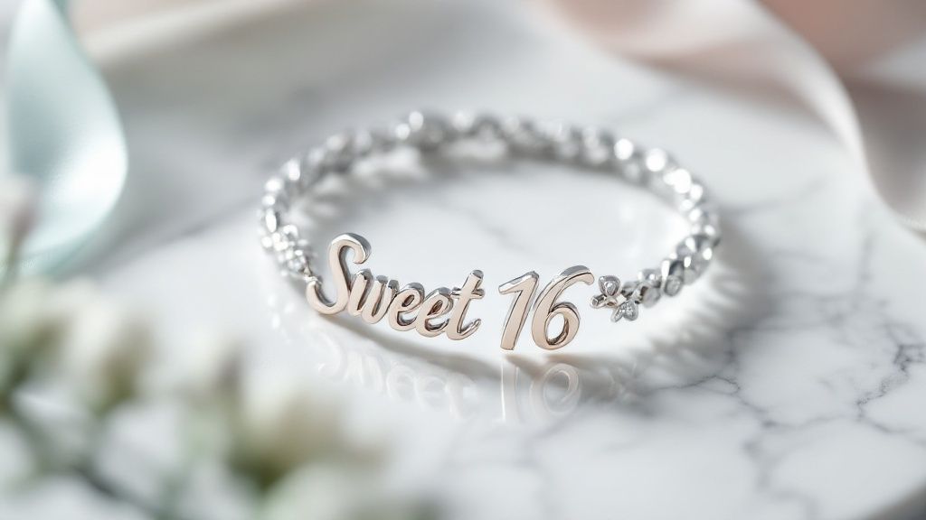 A delicate silver bracelet with a heart charm and the number 16, symbolizing a sweet 16 gift.